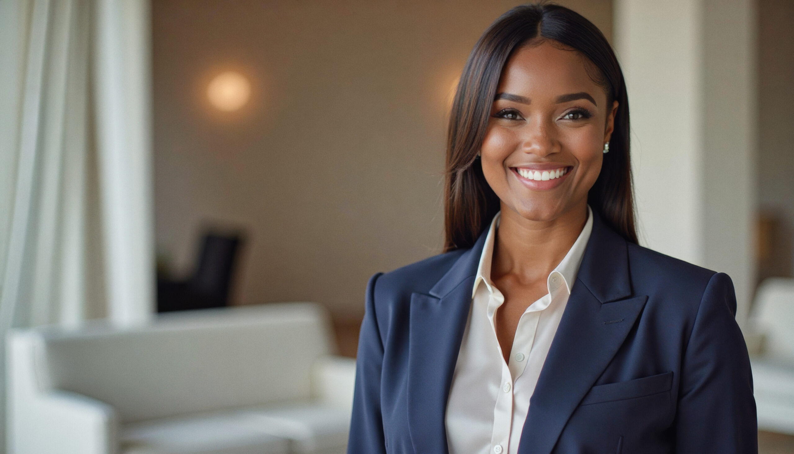 A confident Black woman in a navy blue suit smiles warmly at the camera, projecting professionalism and poise in a modern, minimalist lobby.