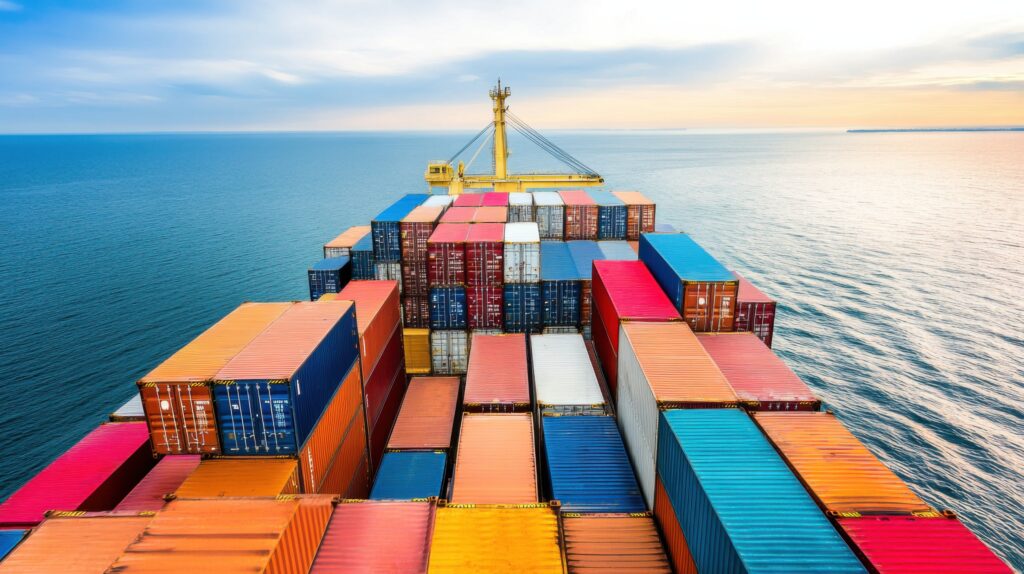 Aerial view of cargo ship with colorful containers, deep blue ocean, clear sky, organized logistics, clean top view, global shipping, commercial transport, banner, maritime freight, banner, sea, boat.
