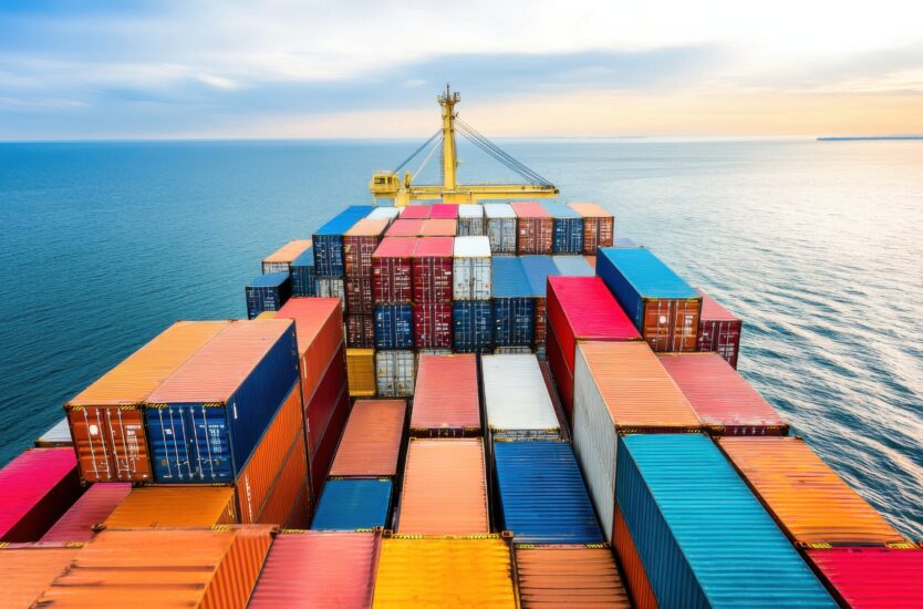 Aerial view of cargo ship with colorful containers, deep blue ocean, clear sky, organized logistics, clean top view, global shipping, commercial transport, banner, maritime freight, banner, sea, boat.
